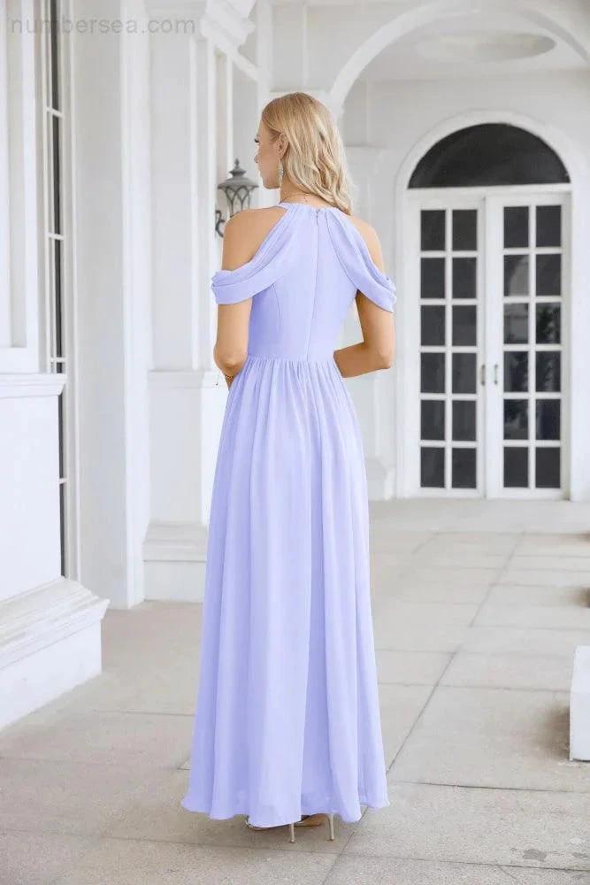 Ladies Chiffon Off Shoulder Swing Sleeve Front Slit Bridesmaid Evening Dress Wedding Party Evening Dress 28117 by numbersea
