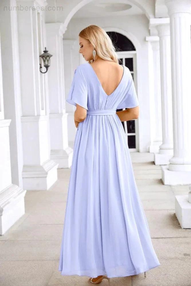 Ladies Chiffon Sleeve Crew Neck Front Slit Floor Length Bridesmaid Evening Dress Wedding Party Evening Dress 28124 by numbersea