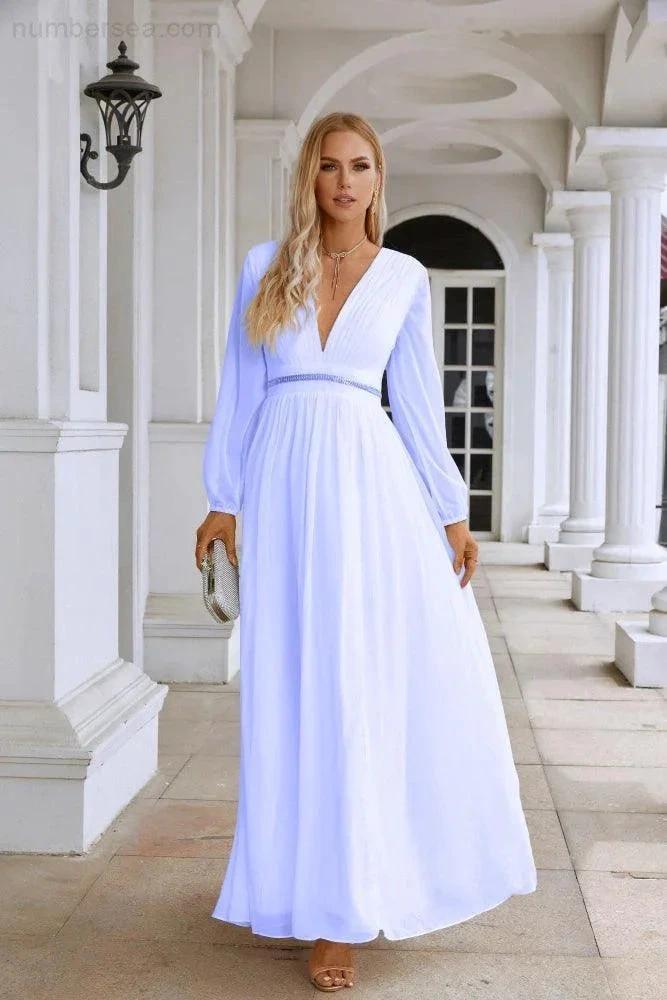 Ladies V Neck Chiffon Long Sleeve Front Slit Bridesmaid Evening Dress Wedding Party Shopping Evening Dress 28109 by numbersea