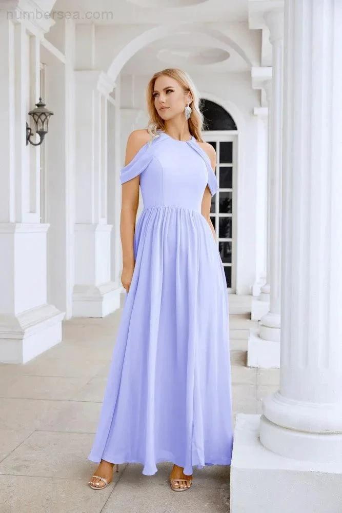 Ladies Chiffon Off Shoulder Swing Sleeve Front Slit Bridesmaid Evening Dress Wedding Party Evening Dress 28117 by numbersea