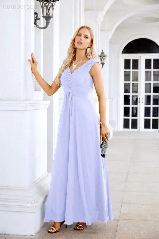 Ladies Chiffon V Neck Sleeveless Floor Length Bridesmaid Evening Dress Wedding Party Evening Dress 28126 by numbersea