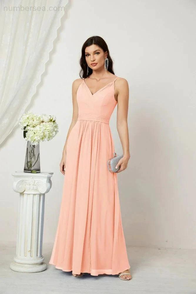 Numbersea Chiffon V-Neck Bridesmaid Dress Spaghetti Strap Long Formal Party Prom Gowns with Slit 28010 by numbersea