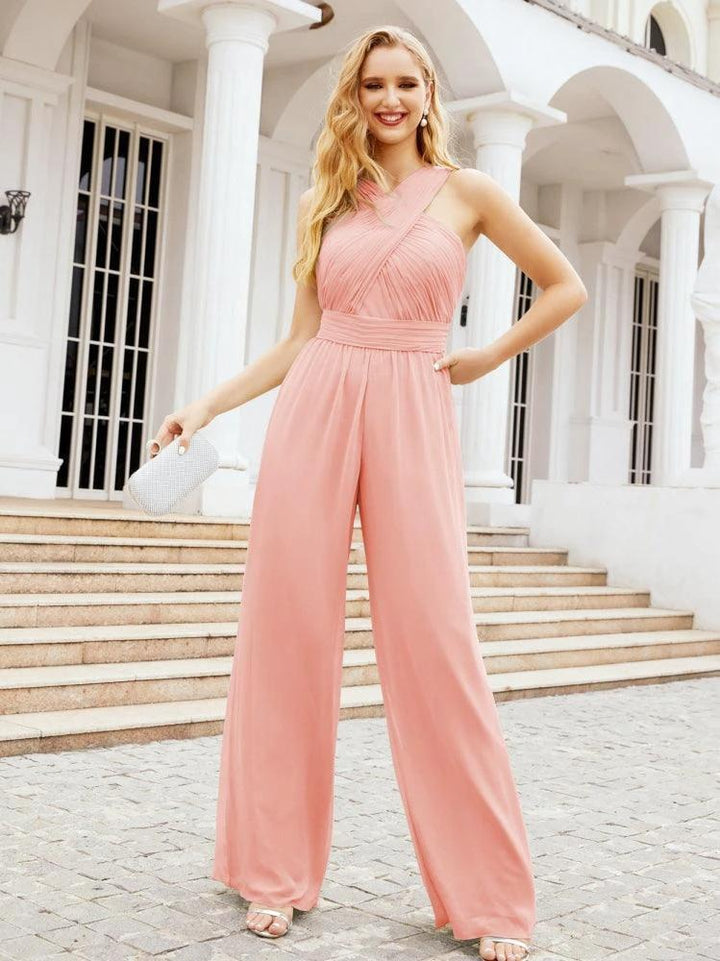 Numbersea Crisscross Neck Jumpsuit Formal Evening Dress Long Bridesmaid Dresses Bell-bottomed Pants 28033 by numbersea