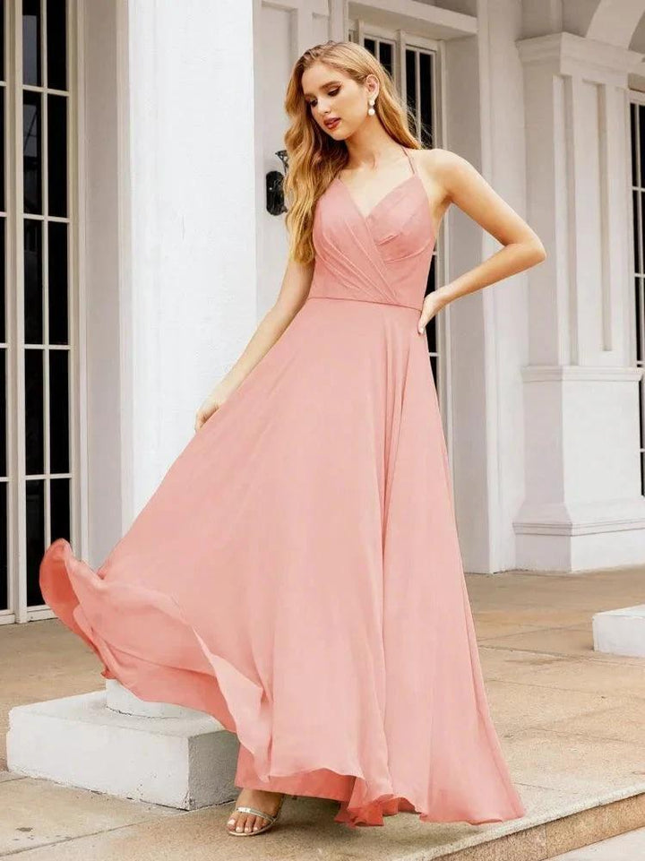 Numbersea Halter Chiffon Bridesmaid Dresses Wedding Appare Sleeveless Formal Prom Dress with Ruffled Back 28035 by numbersea