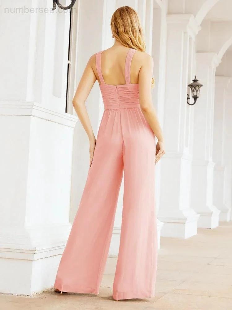 Numbersea Crisscross Neck Jumpsuit Formal Evening Dress Long Bridesmaid Dresses Bell-bottomed Pants 28033 by numbersea