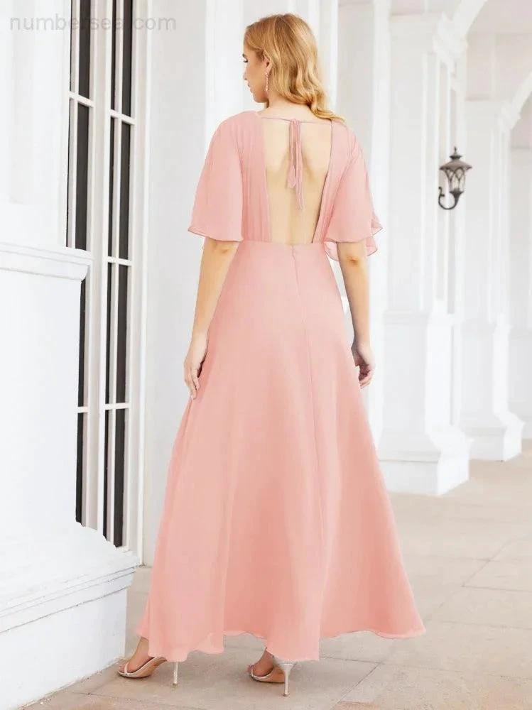Numbersea V-Neck Bridesmaid Dress Chiffon Long Open Back Formal Dresses for Women Party Evening 28067 by numbersea