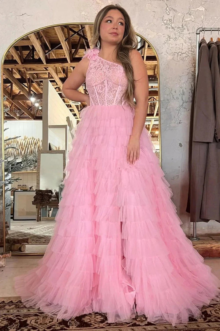 Kinsley | A Line One Shoulder Tiered Long Prom Dress by KissProm