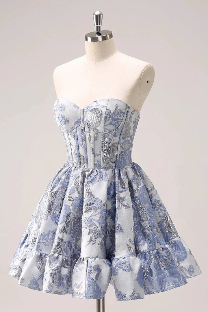 Cute Blue A Line Sweetheart Print Corset Short Homecoming Dress with Ruffles by WEDTREND