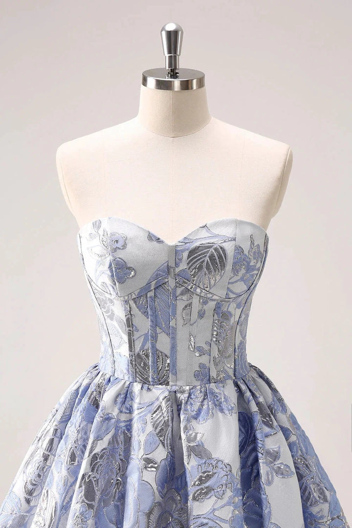Cute Blue A Line Sweetheart Print Corset Short Homecoming Dress with Ruffles by WEDTREND