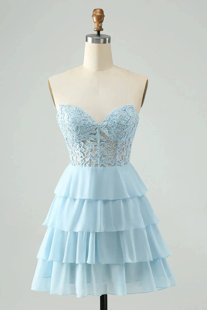 A Line Sweetheart Tiered Light Blue Short Homecoming Dress with Appliques by WEDTREND