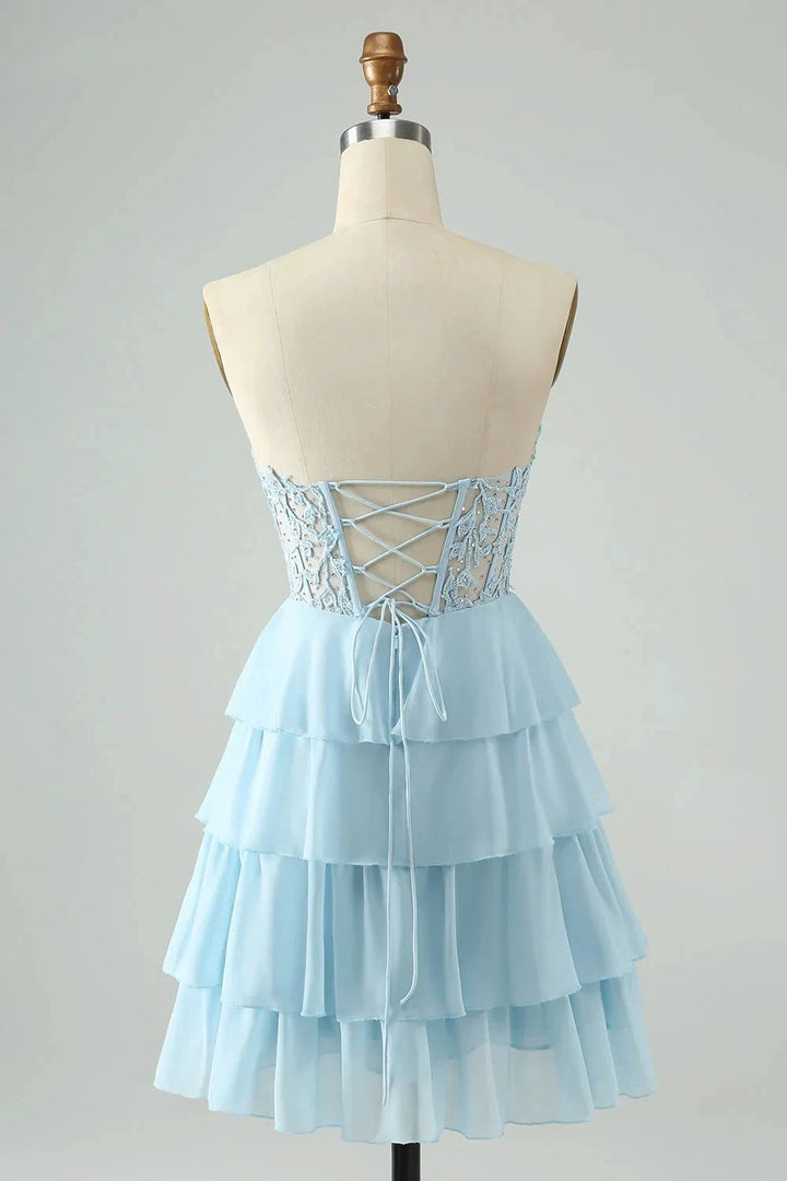 A Line Sweetheart Tiered Light Blue Short Homecoming Dress with Appliques by WEDTREND
