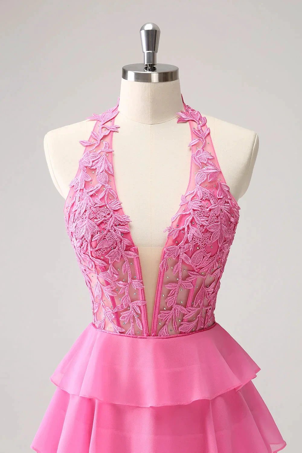 Cute Hot Pink A Line Strapless Tiered Corset Ruffle Homecoming Dress with Beading by WEDTREND