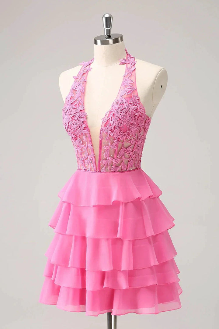 Cute Hot Pink A Line Strapless Tiered Corset Ruffle Homecoming Dress with Beading by WEDTREND