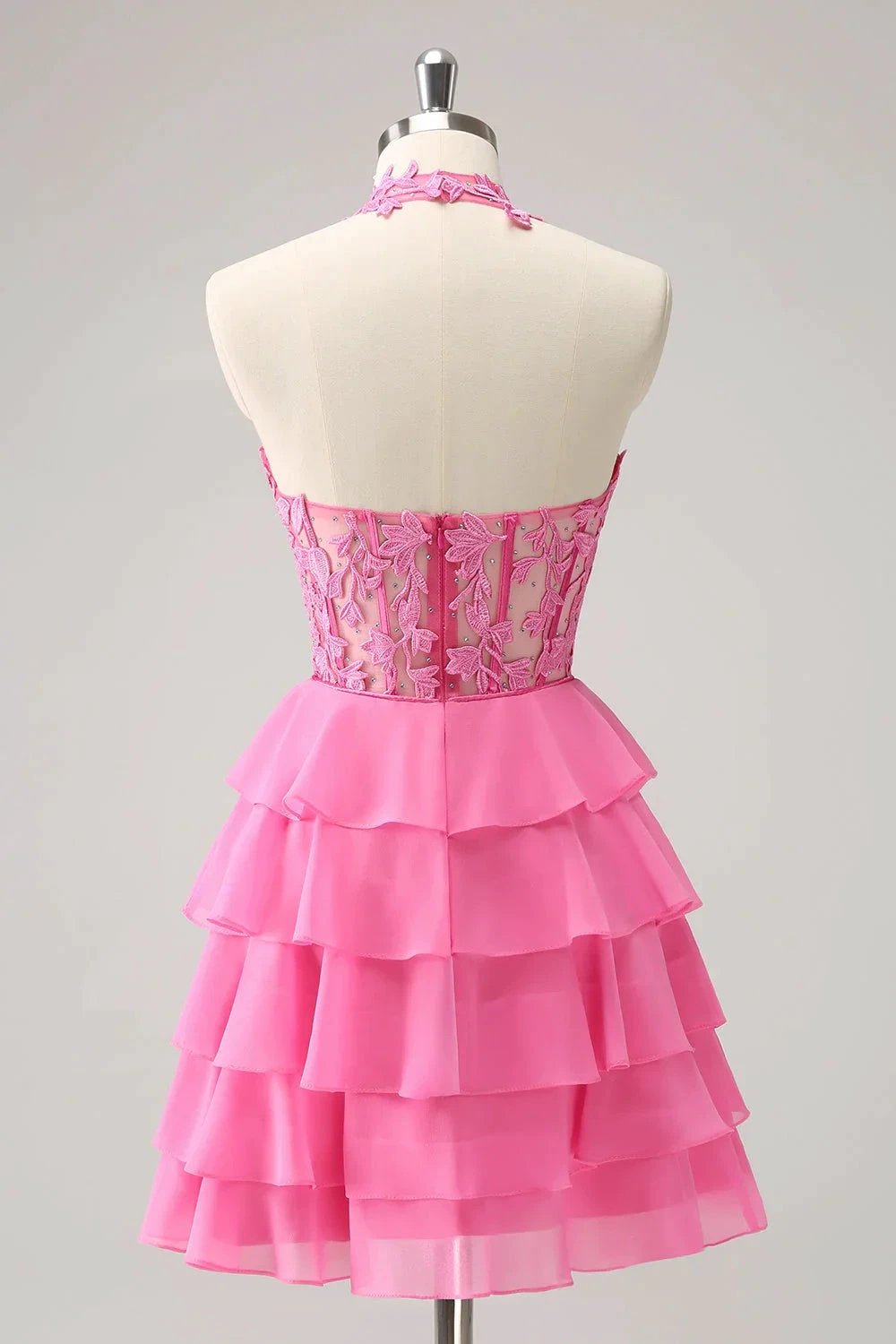 Cute Hot Pink A Line Strapless Tiered Corset Ruffle Homecoming Dress with Beading by WEDTREND