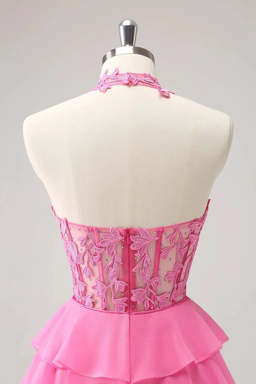 Cute Hot Pink A Line Strapless Tiered Corset Ruffle Homecoming Dress with Beading by WEDTREND