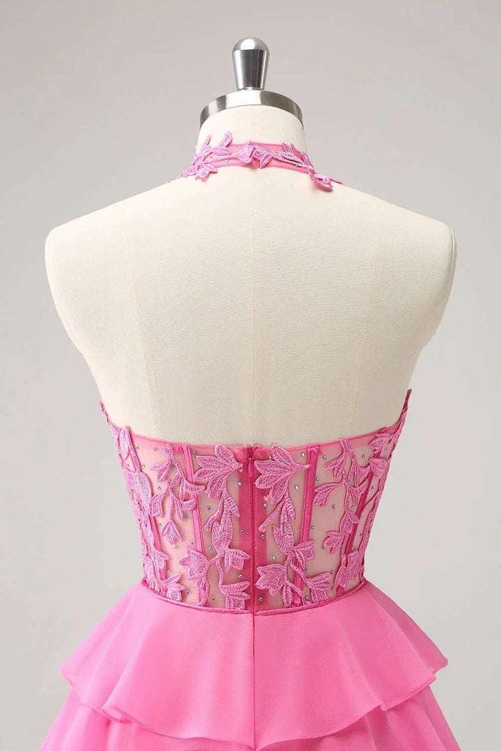 Cute Hot Pink A Line Strapless Tiered Corset Ruffle Homecoming Dress with Beading by WEDTREND