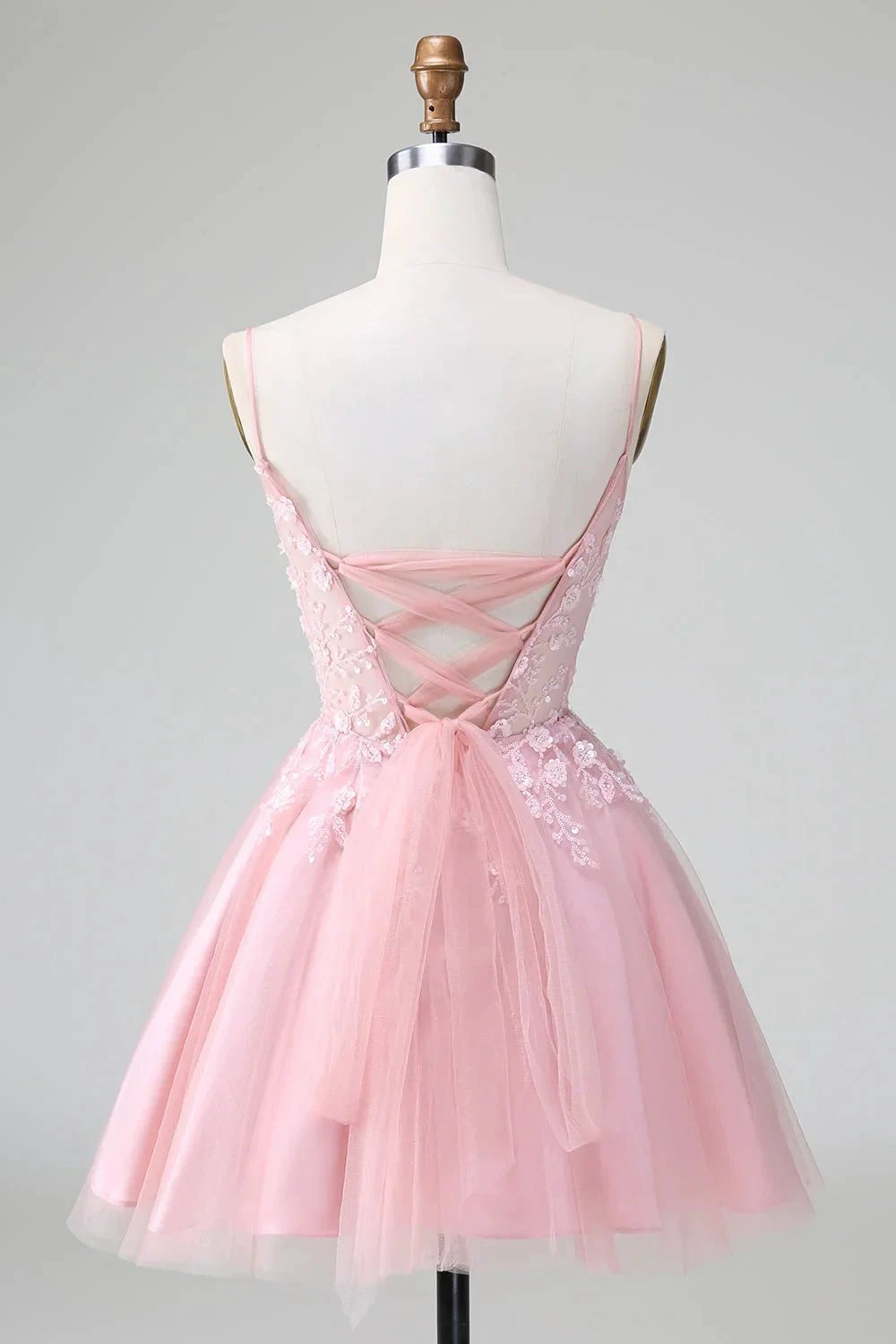 Cute Blush A Line Spaghetti Straps Corset Short Homecoming Dress with Appliques by WEDTREND