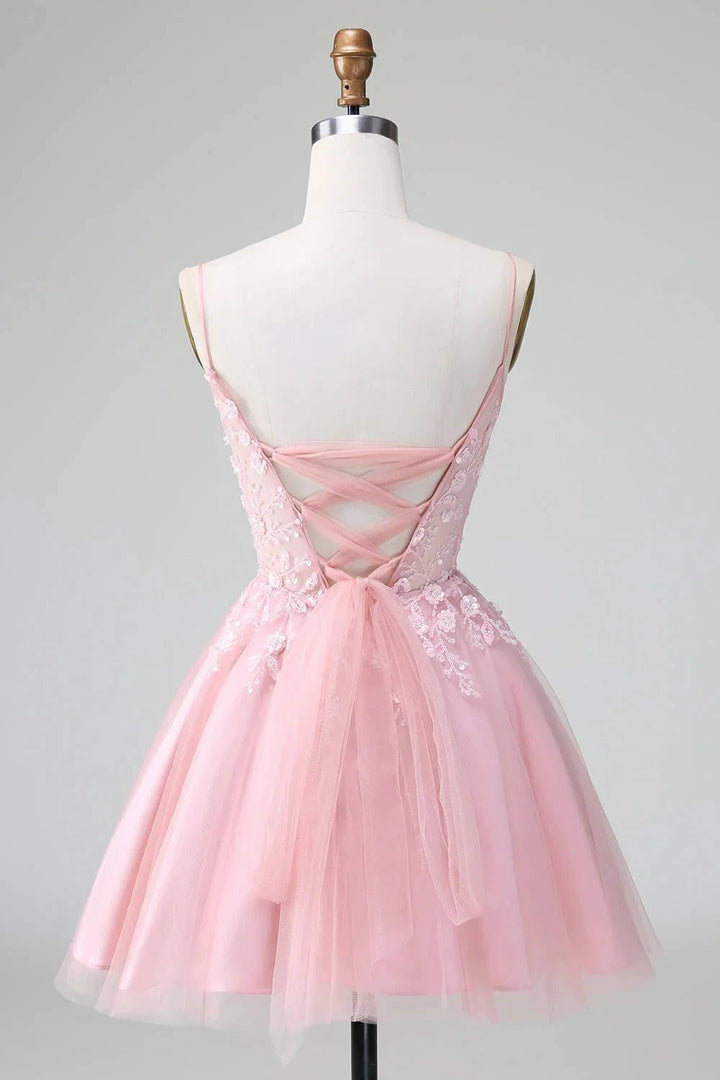 Cute Blush A Line Spaghetti Straps Corset Short Homecoming Dress with Appliques by WEDTREND