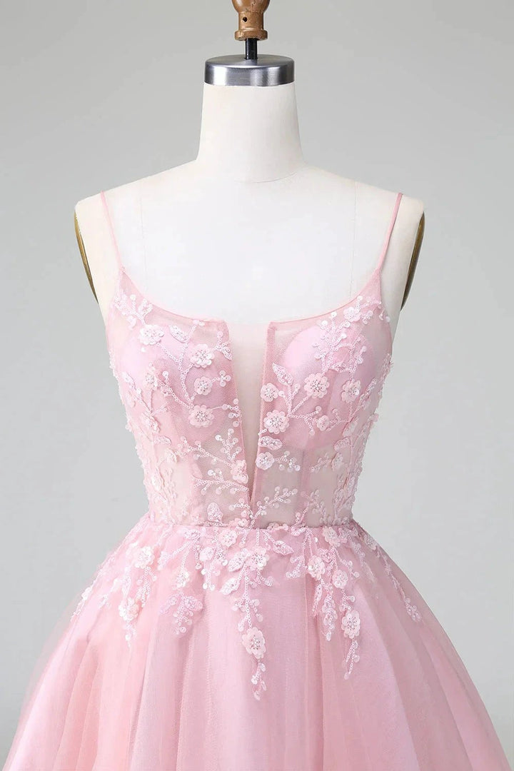 Cute A Line Spaghetti Straps Corset Short Blush Homecoming Dress with Appliques by WEDTREND