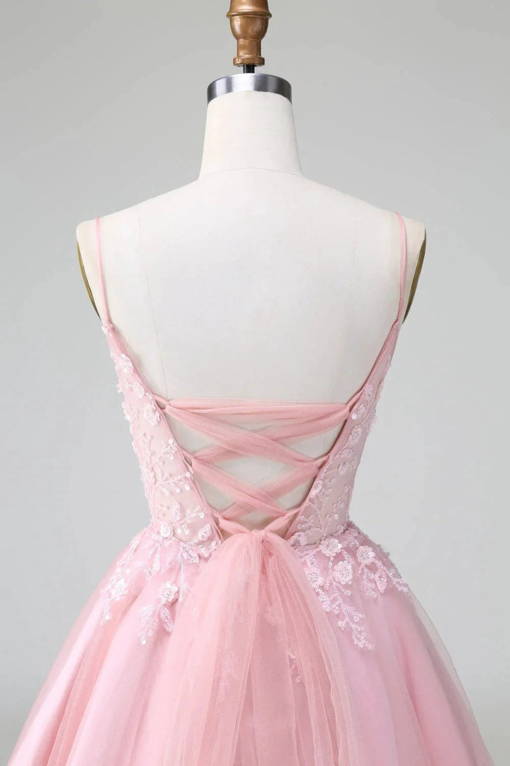 Cute Blush A Line Spaghetti Straps Corset Short Homecoming Dress with Appliques by WEDTREND