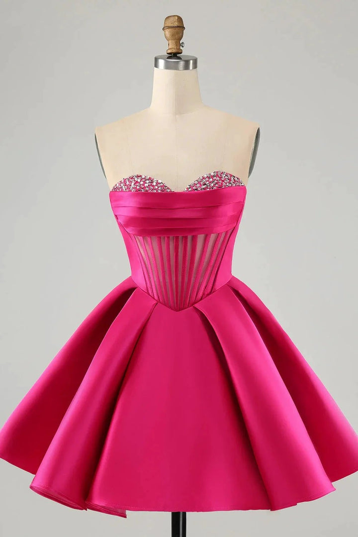 Cute A Line Sweetheart Corset Short Fuchsia Homecoming Dress with Beading by WEDTREND