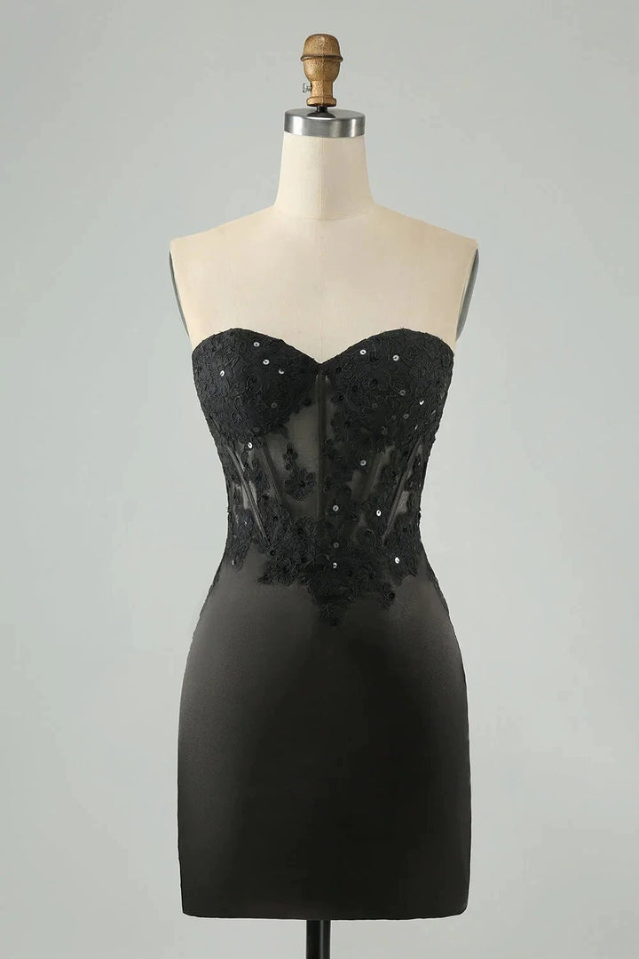 Black Bodycon Sweetheart Corset Short Homecoming Dress with Appliques by WEDTREND
