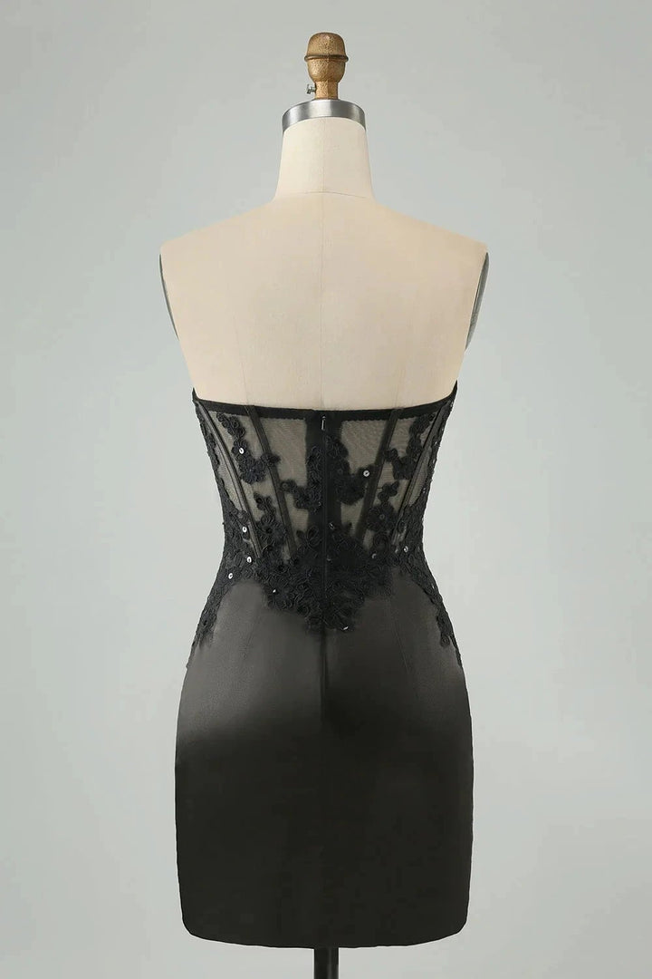 Black Bodycon Sweetheart Corset Short Homecoming Dress with Appliques by WEDTREND