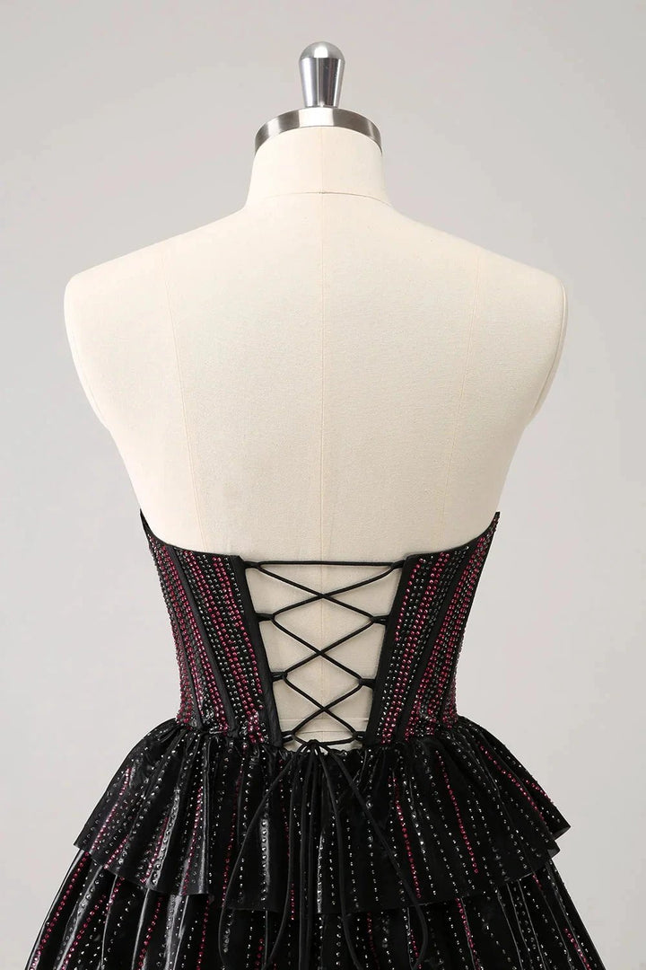 Cute Black Pink A Line Sweetheart Corset Short Homecoming Dress with Beading by WEDTREND
