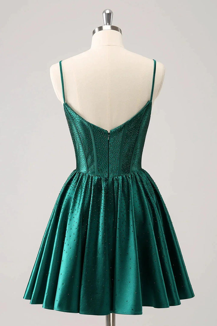 Cute Dark Green A Line Spaghetti Straps Ruffle Corset Short Homecoming Dress with Beading by WEDTREND