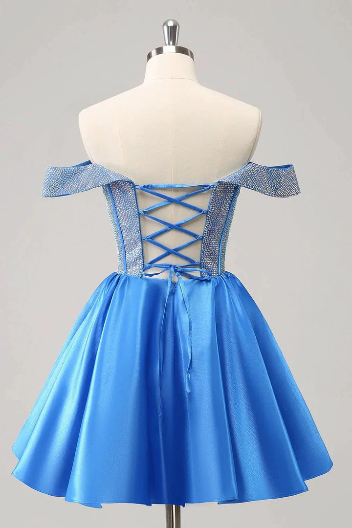 Cute Blue A Line Off The Shoulder Corset Homecoming Dress with Beading by WEDTREND