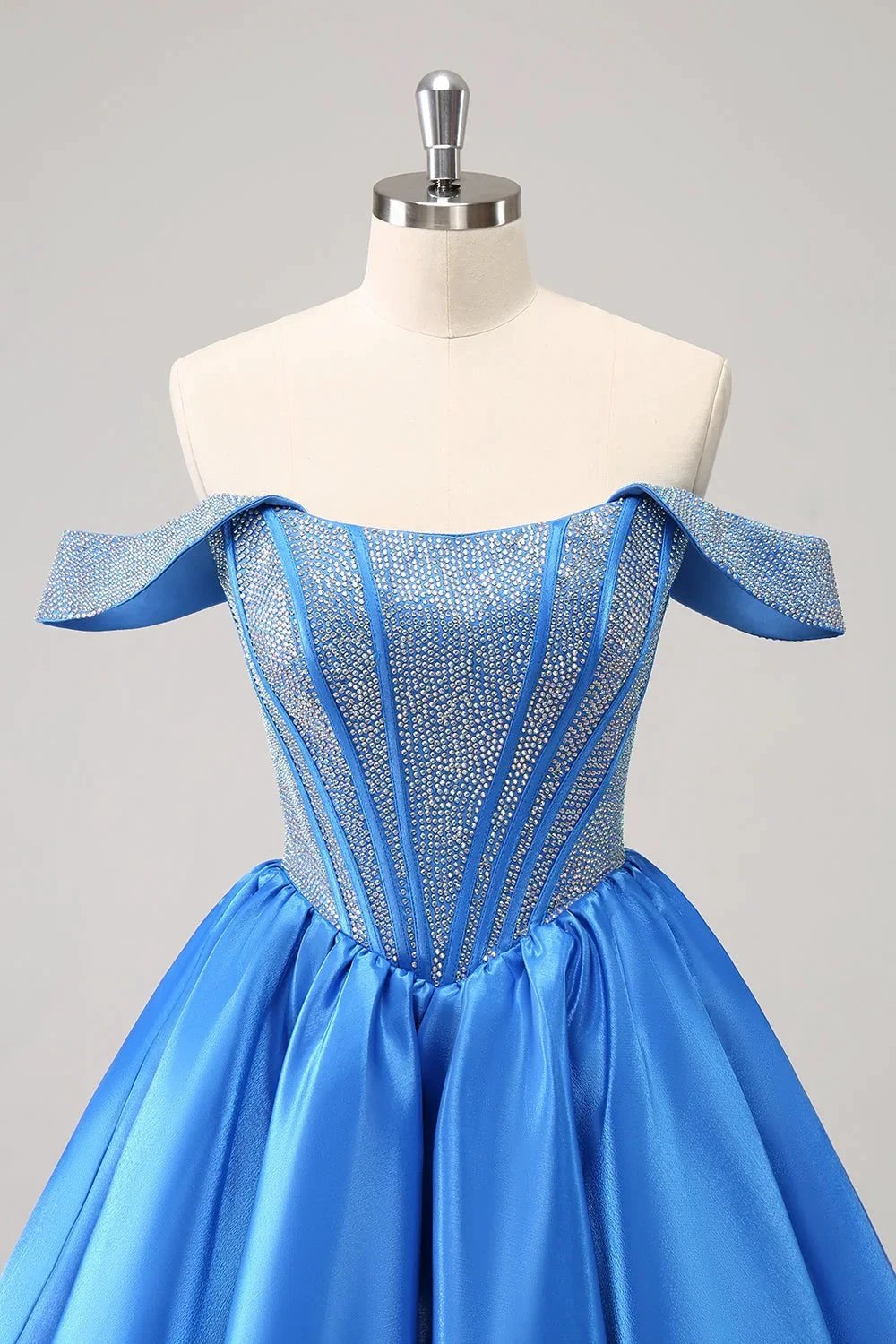 Cute Blue A Line Off The Shoulder Corset Homecoming Dress with Beading by WEDTREND