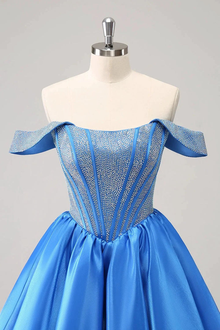 Cute Blue A Line Off The Shoulder Corset Homecoming Dress with Beading by WEDTREND