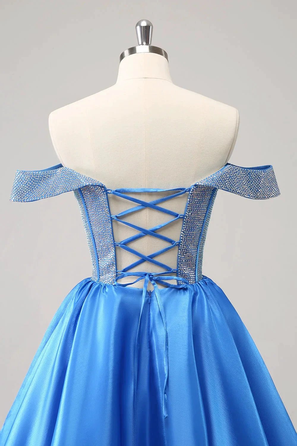 Cute Blue A Line Off The Shoulder Corset Homecoming Dress with Beading by WEDTREND