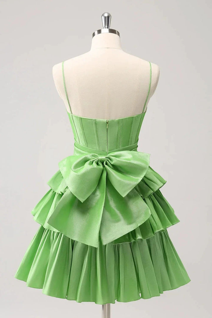 Cute Green A Line Spaghetti Straps Corset Tiered Ruffle Homecoming Dress with Bow by WEDTREND