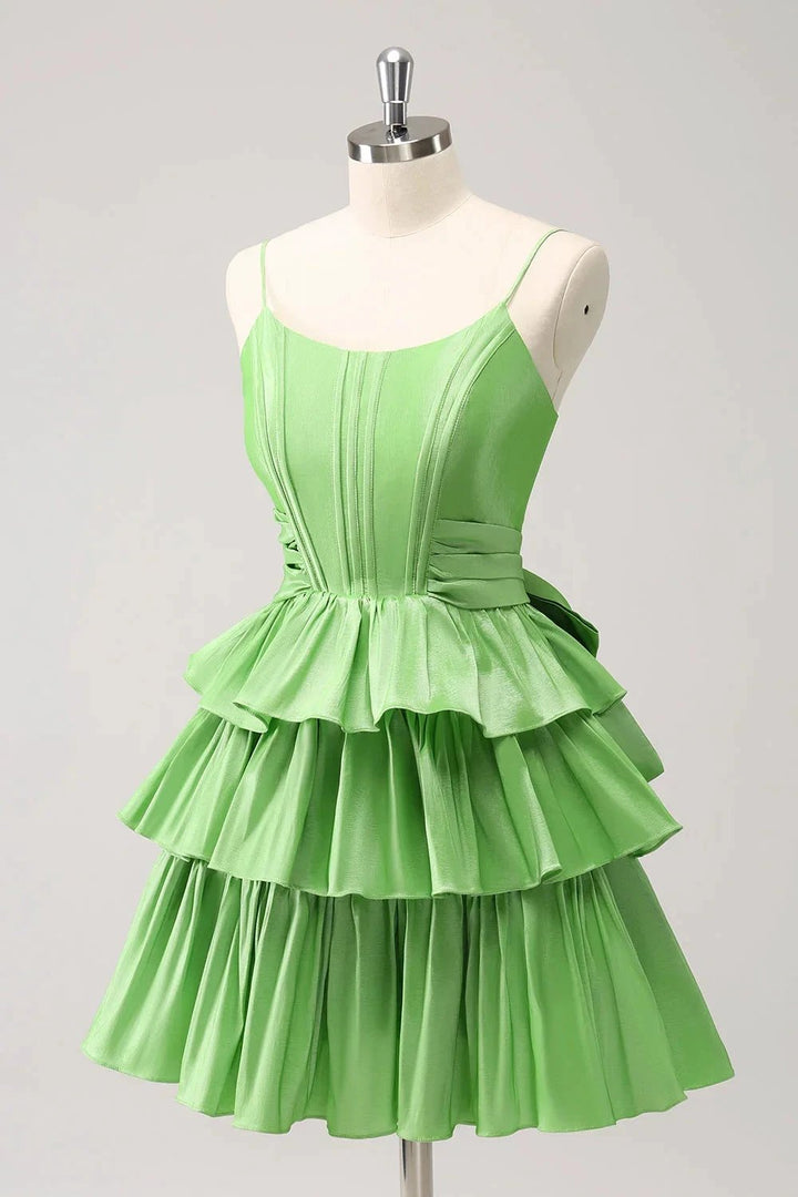 Cute Green A Line Spaghetti Straps Corset Tiered Ruffle Homecoming Dress with Bow by WEDTREND