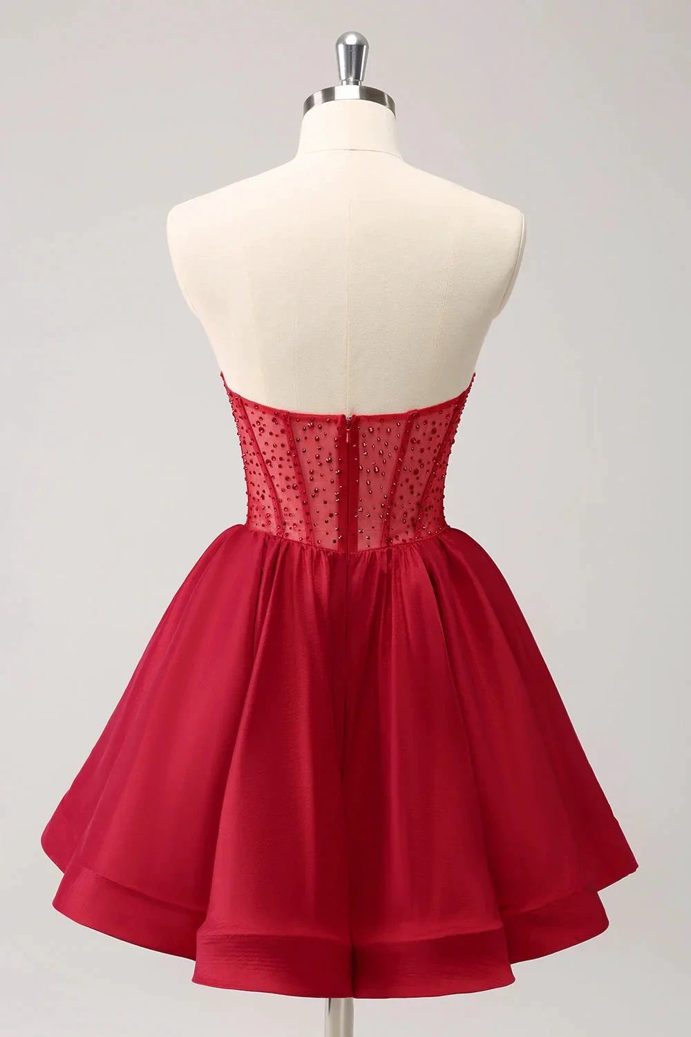 Cute Red A Line Strapless Corset Short Ruffle Homecoming Dress with Beading by WEDTREND