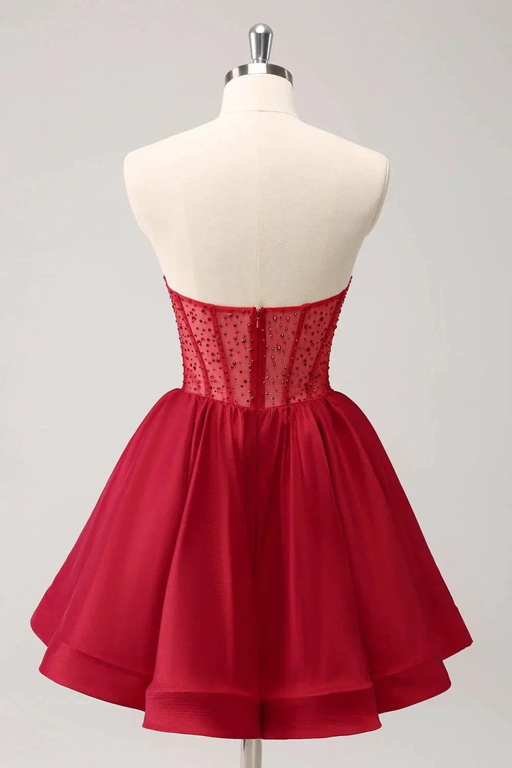 Cute Red A Line Strapless Corset Ruffle Homecoming Dress with Beading by WEDTREND