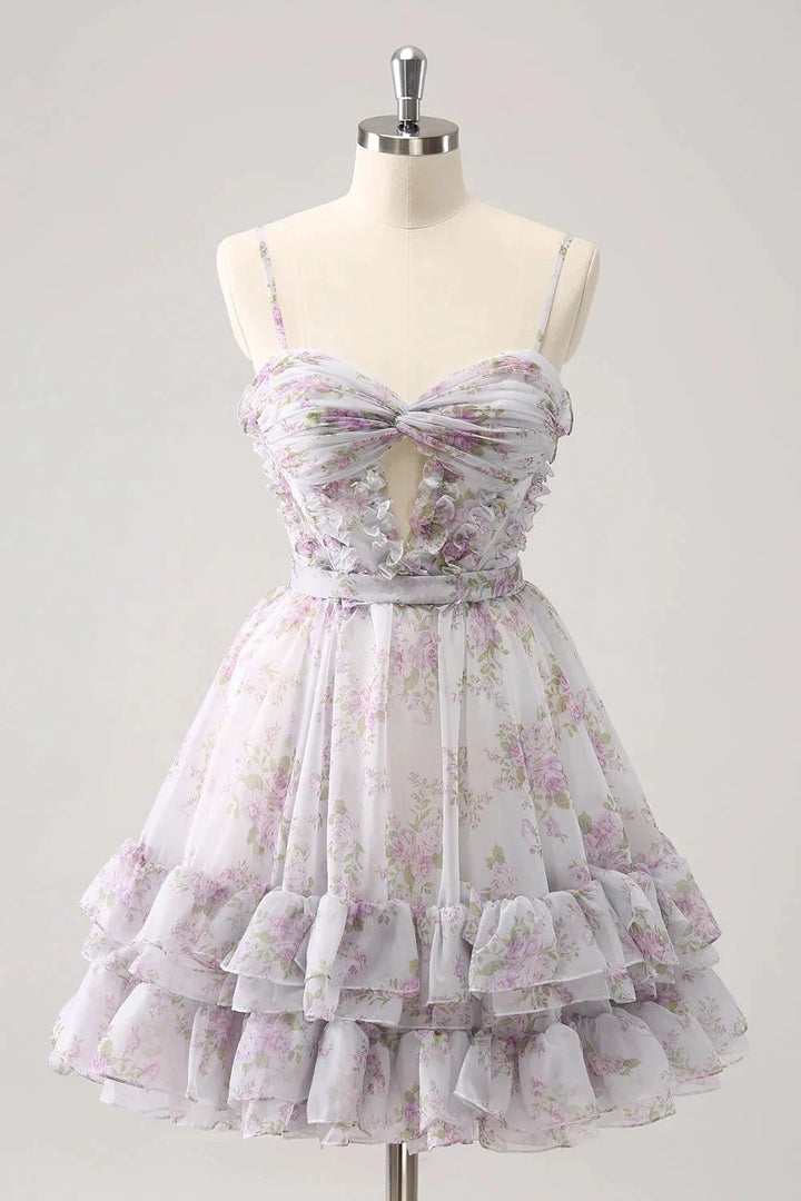 Cute Yellow A Line Cut Out Tiered Print Floral Homecoming Dress with Ruffles by WEDTREND