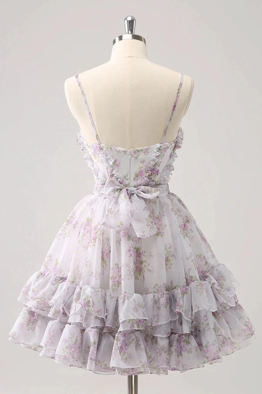 Cute Lilac A Line Cut Out Tiered Print Floral Homecoming Dress with Ruffles by WEDTREND