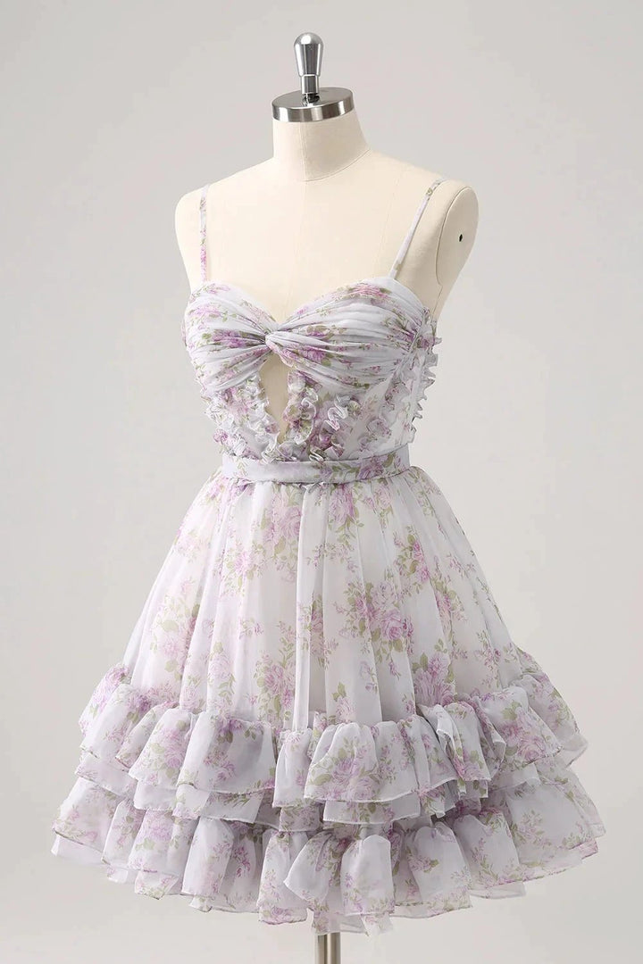 Cute Yellow A Line Cut Out Tiered Print Floral Homecoming Dress with Ruffles by WEDTREND