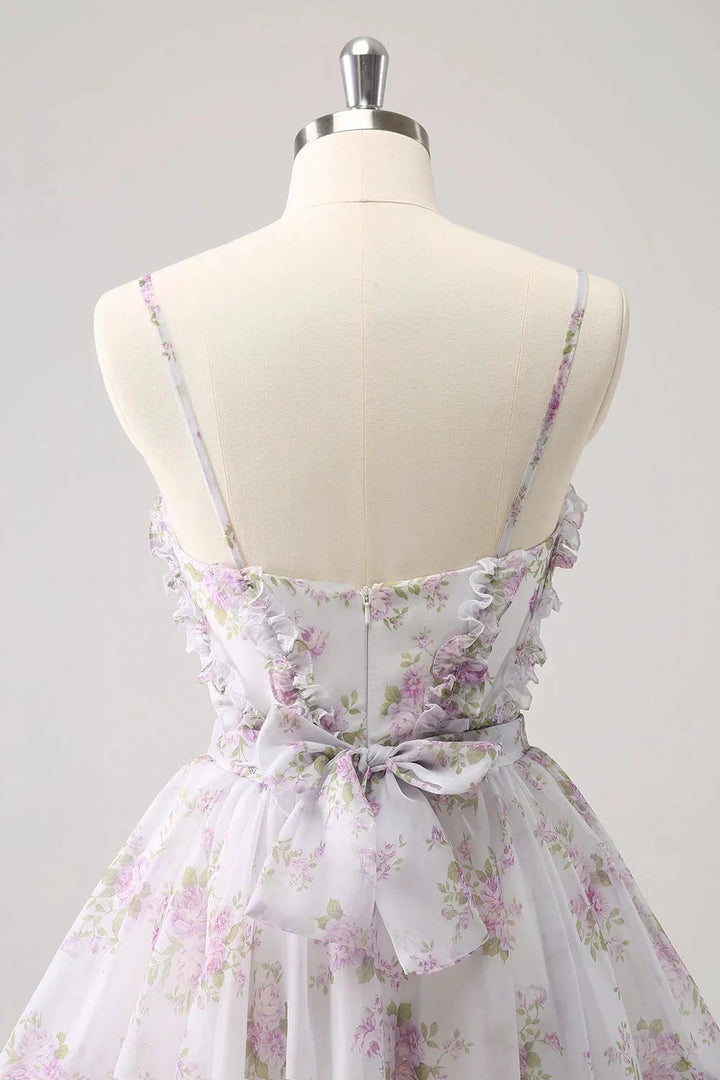Cute Lilac A Line Cut Out Tiered Print Floral Homecoming Dress with Ruffles by WEDTREND