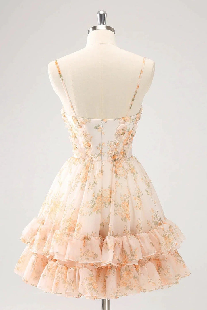 Cute Yellow A Line Cut Out Tiered Print Floral Homecoming Dress with Ruffles by WEDTREND