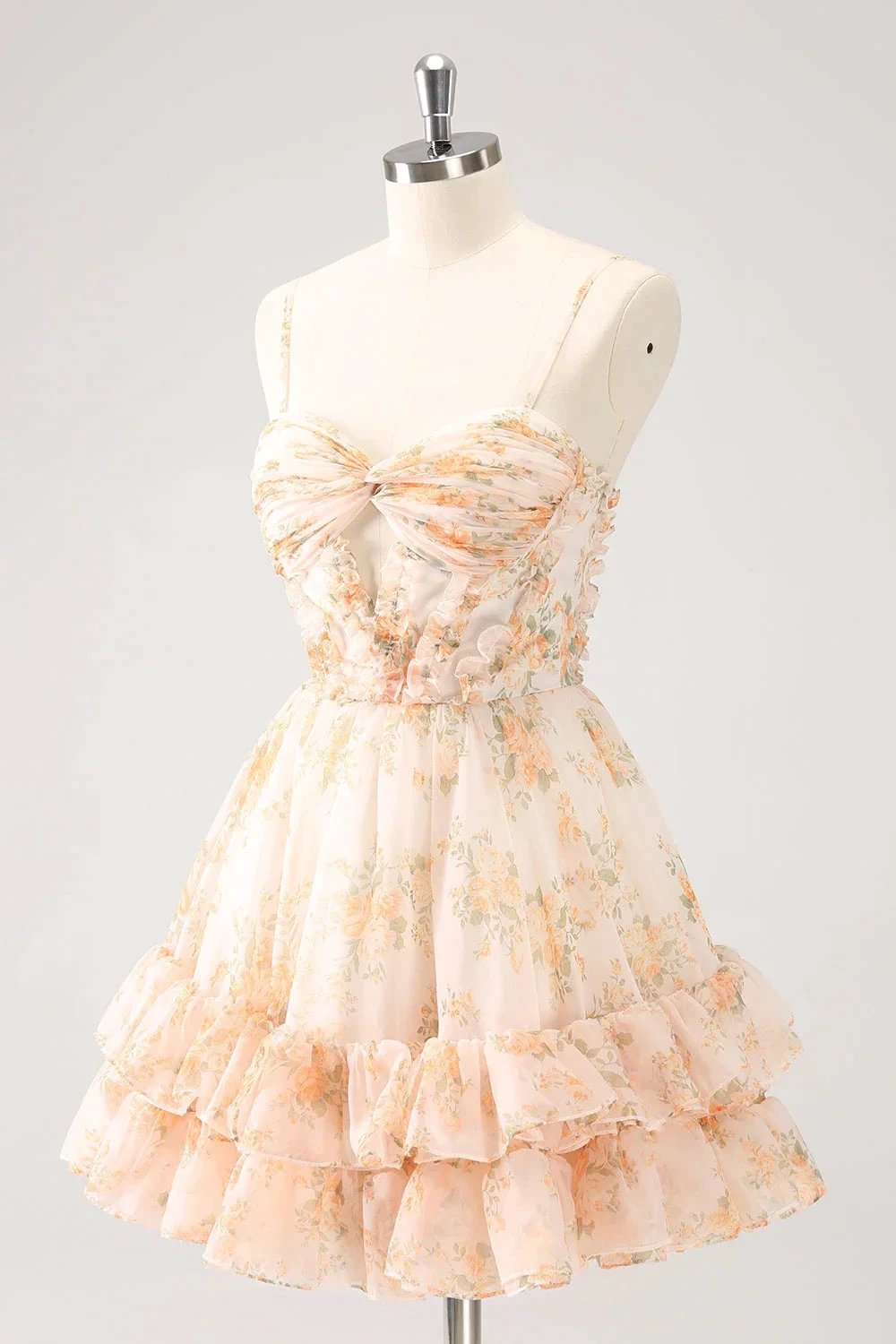Cute Yellow A Line Cut Out Tiered Print Floral Homecoming Dress with Ruffles by WEDTREND