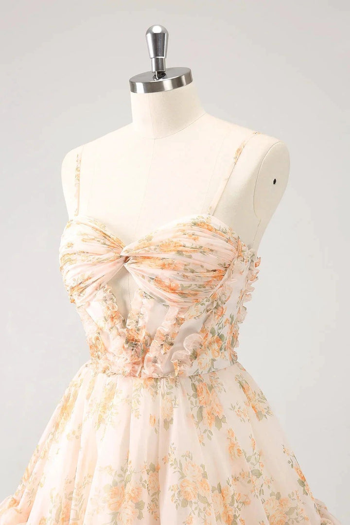 Cute Yellow A Line Cut Out Tiered Print Floral Homecoming Dress with Ruffles by WEDTREND