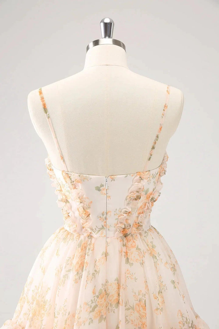 Cute Yellow A Line Cut Out Tiered Print Floral Homecoming Dress with Ruffles by WEDTREND