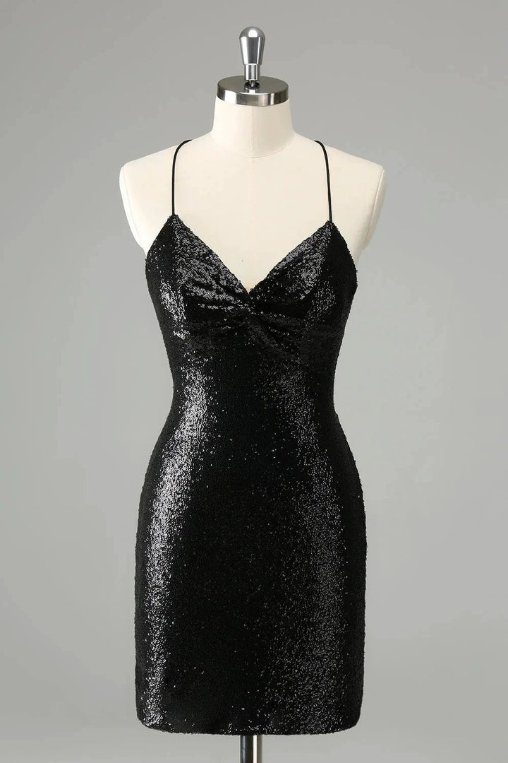 Black Bodycon Spaghetti Straps Sequins Short Homecoming Dress with Lace-up Back by WEDTREND