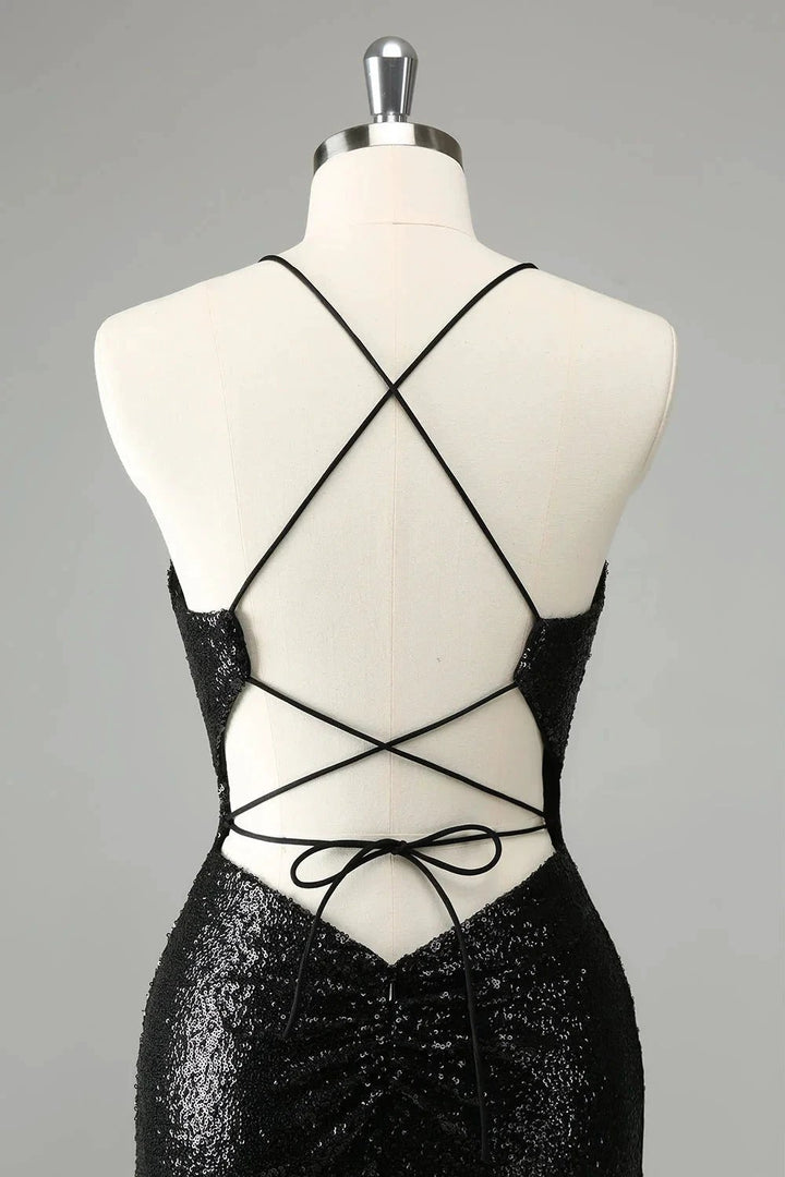 Black Bodycon Spaghetti Straps Sequins Short Homecoming Dress with Lace-up Back by WEDTREND
