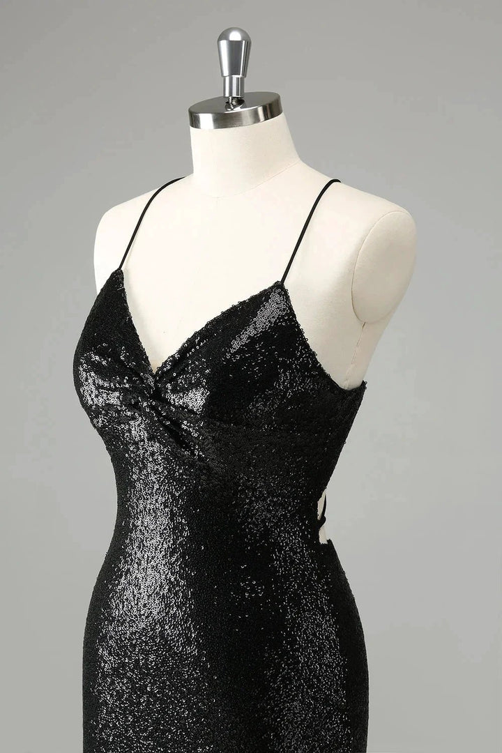 Black Bodycon Spaghetti Straps Sequins Short Homecoming Dress with Lace-up Back by WEDTREND