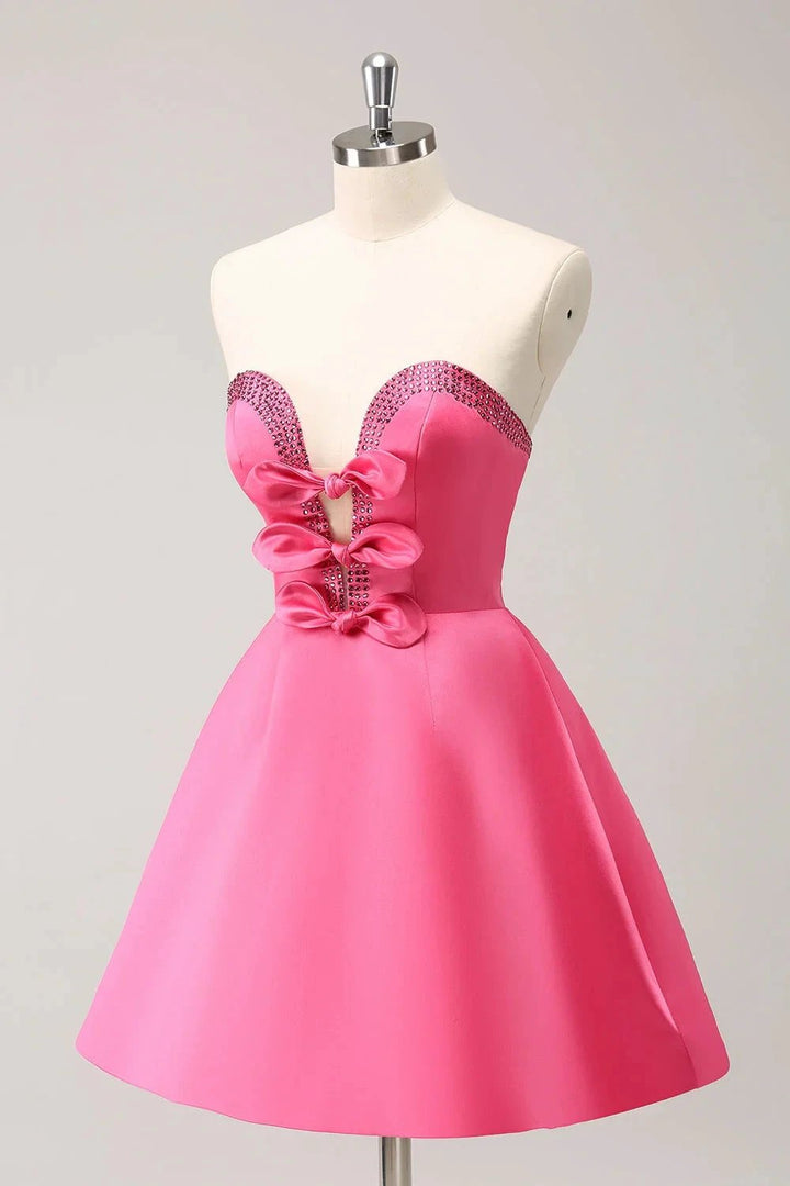 Cute Hot Pink A Line Strapless Cut Out Homecoming Dress with Beading by WEDTREND