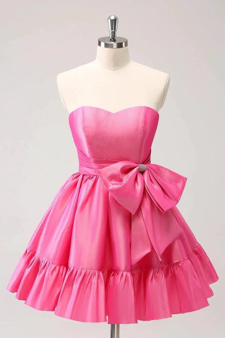 Cute Hot Pink A Line Strapless Pleated Short Homecoming Dress with Bow by WEDTREND